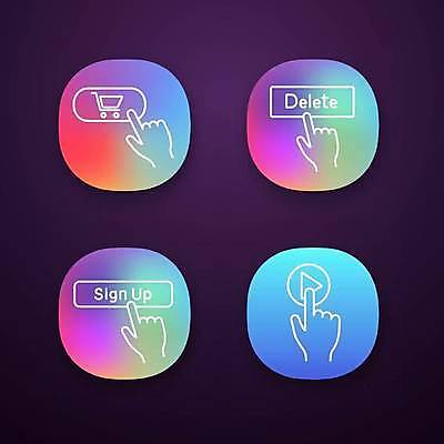 EPS 해외이미지 일러스트 버튼 사람없음 컬러풀 터치 어플리케이션 장바구니 손모양 재생 그라데이션 삭제 회원가입 해외일러스트 모양 컬러 쇼핑 바구니 가입 파일형식 벡터 손_신체부위 이미지허브