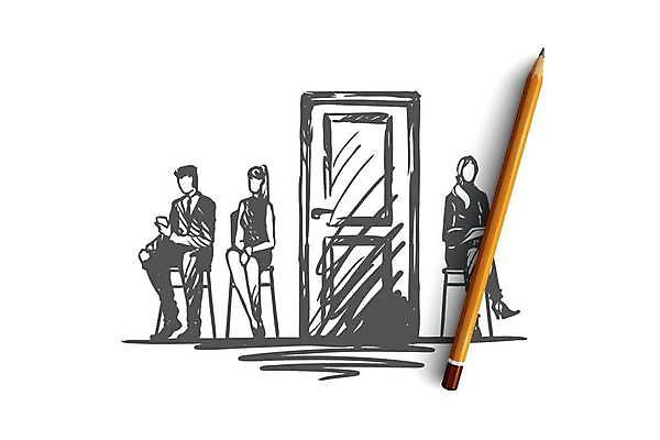 EPS 해외이미지 여자 남자 컨셉 일러스트 비즈니스 앉기 성인 세명 문 시험 비즈니스맨 비즈니스우먼 기다림 스케치 면접 손그림 얼굴없음 성인만 해외일러스트 교육 모션 미술 사람 직장인 파일형식 벡터 이미지허브