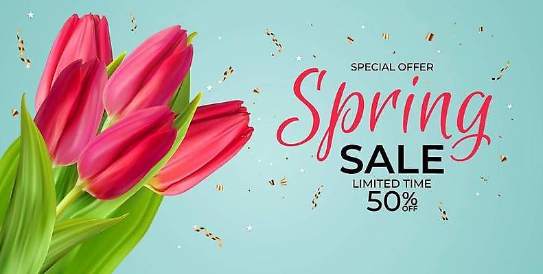 EPS 해외이미지 배너 하늘색 일러스트 이벤트 사람없음 세일 봄 튤립 꽃가루 50% 봄맞이 봄쇼핑 해외일러스트 계절 꽃 파란색 쇼핑 퍼센트 가루 파일형식 벡터 이미지허브