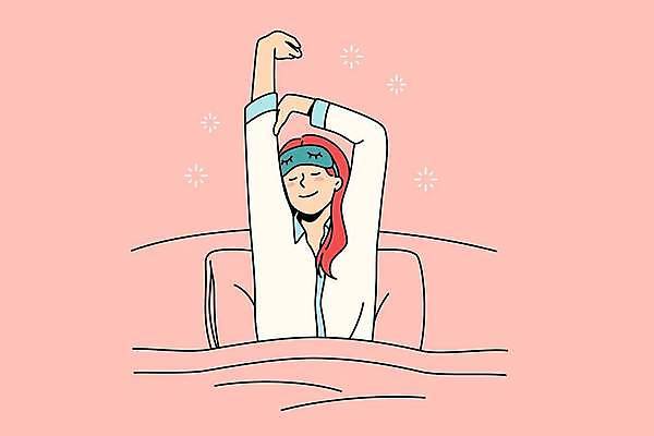 EPS 해외이미지 여자 일러스트 베개 한명 상반신 성인 눈감음 이불 잠옷 기지개 안대 성인여자한명만 해외일러스트 1 옷 침구 모션 사람 여자한명만 성인여자만 파일형식 벡터 이미지허브