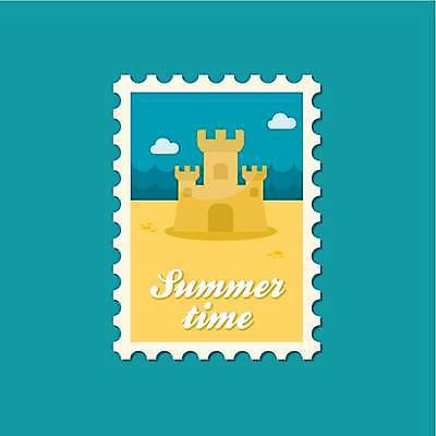 EPS 해외이미지 디자인 바다 일러스트 해변 사람없음 여름휴가 바캉스 모래성 우표 해외일러스트 모래 휴가 파일형식 벡터 여름_계절 이미지허브