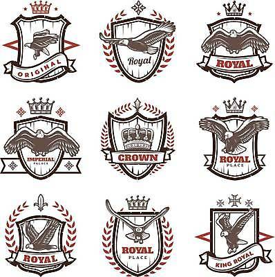 EPS 해외이미지 잎 일러스트 왕관 사람없음 세트 라벨 비행 빈티지 독수리 날갯짓 로얄 해외일러스트 식물 컨셉 조류 프레임 파일형식 벡터 이미지허브