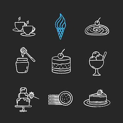 EPS 해외이미지 디자인 일러스트 아이스크림 디저트 사람없음 세트 쿠키 케이크 검은색 흰색 찻잔 심볼 그림 꿀 꿀단지 퐁듀 해외일러스트 음식 컬러 잔 파일형식 벡터 이미지허브