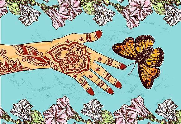 EPS 해외이미지 손 디자인 꽃 나비 꽃무늬 일러스트 추상 신체부위 화려 스케치 문신 스타일 해외일러스트 식물 곤충 컨셉 무늬 미술 사람 파일형식 벡터 이미지허브