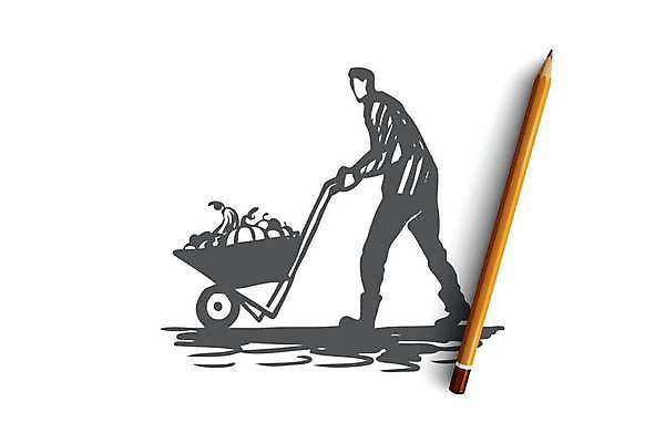 EPS 해외이미지 전신 남자 농업 일러스트 한명 성인 농작물 농장 수확 농부 스케치 담기 손그림 밭일 외발수레 얼굴없음 성인남자한명만 해외일러스트 직업 1 산업 모션 미술 사람 수레 남자한명만 성인남자만 파일형식 벡터 이미지허브