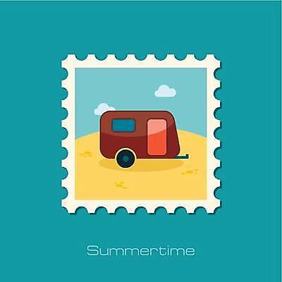 EPS 해외이미지 디자인 여행 일러스트 해변 사람없음 여름휴가 바캉스 캠핑 트레일러 우표 캠핑트레일러 해외일러스트 바다 레저 휴가 파일형식 벡터 여름_계절 이미지허브