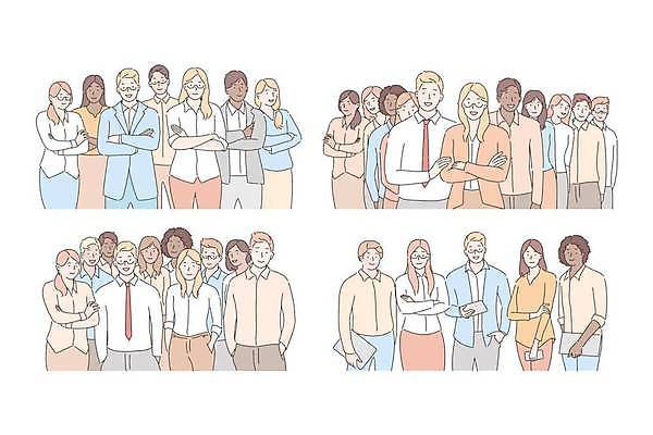 EPS 해외이미지 전신 여자 남자 일러스트 비즈니스 협력 함께함 정장 여러명 상반신 성인 팔짱 비즈니스맨 비즈니스우먼 동료 주머니손 다인종 성인만 해외일러스트 옷 다수 컨셉 관계 모션 사람 인종 직장인 파일형식 벡터 이미지허브