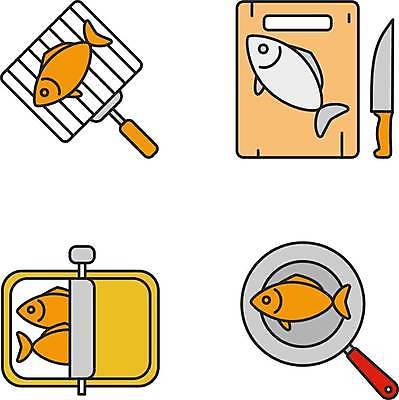 EPS 해외이미지 일러스트 도마 어류 요리 사람없음 프라이팬 캔 그릴 생선구이 식칼 통조림 엘리먼트 해외일러스트 주방용품 수중동물 구이 생선요리 파일형식 벡터 이미지허브