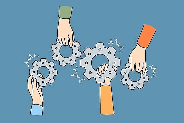 EPS 해외이미지 손 일러스트 협력 들기 신체부위 파란색 잡기 톱니바퀴 해외일러스트 컬러 모션 사람 파일형식 벡터 이미지허브