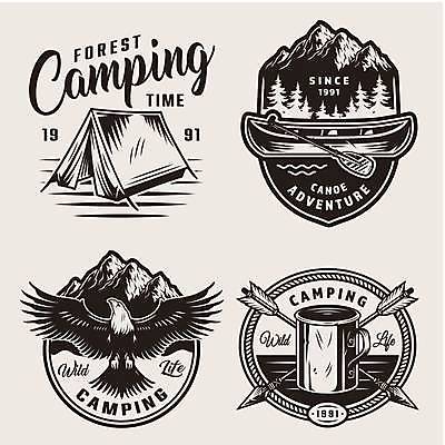 EPS 해외이미지 스티커 일러스트 화살 텐트 사람없음 세트 라벨 머그컵 빈티지 원형 심볼 독수리 나무배 아이보리 해외일러스트 도형 컬러 컨셉 배_교통 조류 프레임 캠핑도구 컵 파일형식 벡터 이미지허브