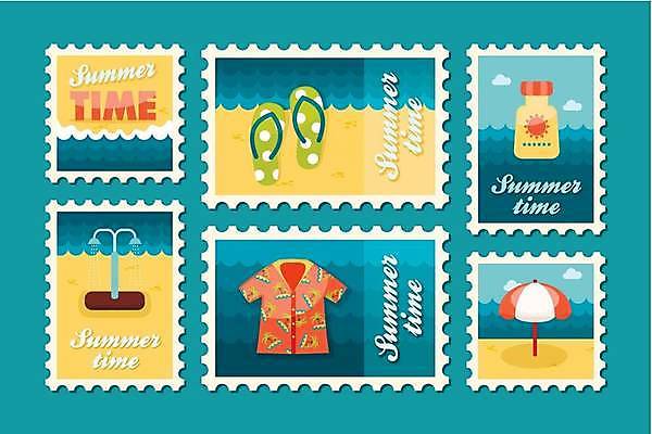 EPS 해외이미지 바다 일러스트 해변 사람없음 여름 파란색 세트 노란색 파라솔 쪼리 선크림 우표 꽃무늬셔츠 샤워실 해외일러스트 계절 컬러 셔츠 화장품 샌들 샤워시설 파일형식 벡터 이미지허브