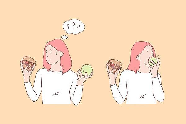 EPS 해외이미지 여자 음식 일러스트 건강 들기 상반신 성인 두명 건강관리 식사 햄버거 물음표 선택 사과 먹기 고민 성인여자만 해외일러스트 기호 감정 컨셉 과일 모션 패스트푸드 관리 사람 여자만 성인만 파일형식 벡터 이미지허브