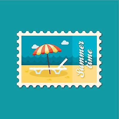 EPS 해외이미지 바다 일러스트 사람없음 파란색 노란색 파라솔 선베드 우표 해외일러스트 컬러 의자 파일형식 벡터 이미지허브