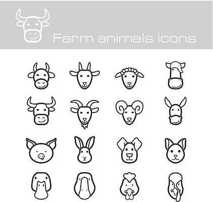 EPS 해외이미지 여러마리 일러스트 염소 오리 사람없음 세트 농장 고양이 토끼 닭 양 말_동물 돼지 소 강아지 라인아트 황소 거위 당나귀 칠면조 해외일러스트 선 다수 농업 포유류 조류 반려동물 개 파일형식 벡터 이미지허브