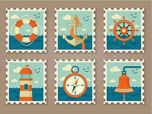 EPS 해외이미지 구름 바다 하늘색 여러마리 일러스트 갈매기 등대 사람없음 세트 주황색 종 나침반 키_배핸들 닻 우표 구명부환 해외일러스트 자연요소 컬러 다수 조류 파란색 안전장비 핸들 튜브 파일형식 벡터 이미지허브