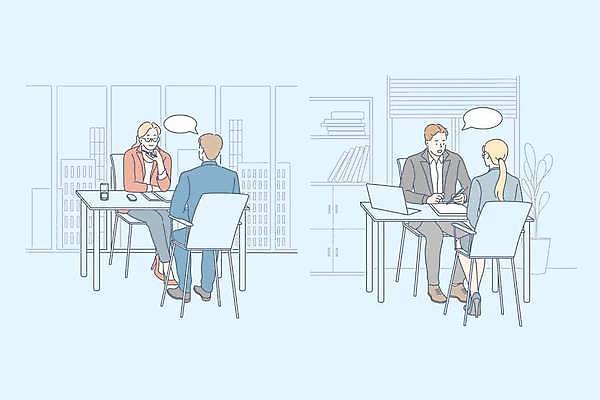 EPS 해외이미지 전신 여자 남자 하늘색 말풍선 의자 일러스트 비즈니스 앉기 여러명 성인 사무실 턱괴기 기록 면접 성인만 해외일러스트 가구 다수 모션 사람 파란색 파일형식 벡터 이미지허브