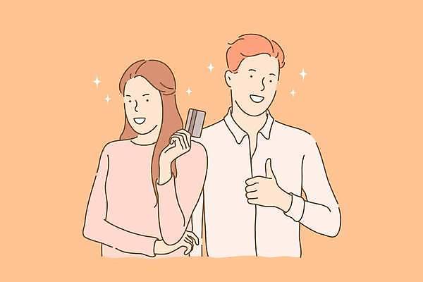 EPS 해외이미지 여자 남자 감정 일러스트 들기 성인 두명 최고 신용카드 성인만 해외일러스트 모션 사람 금융 파일형식 벡터 이미지허브