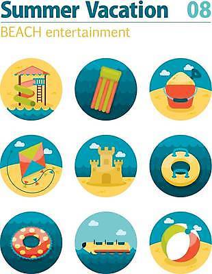 EPS 해외이미지 모래 일러스트 사람없음 세트 비치볼 양동이 연 비치베드 모래성 튜브 바나나보트 모래삽 워터슬라이드 해외일러스트 공 바캉스용품 놀이용품 보트 삽 파일형식 벡터 이미지허브