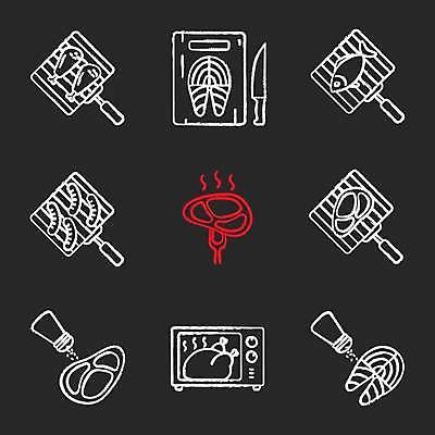 EPS 해외이미지 디자인 일러스트 육류 어류 스테이크 요리 사람없음 검은색 흰색 소시지 전자레인지 오븐 그릴 바비큐 그림 소금 연어 해외일러스트 음식 컬러 식재료 주방용품 서양음식 수중동물 가전제품 레인지 가공식품 파일형식 벡터 이미지허브
