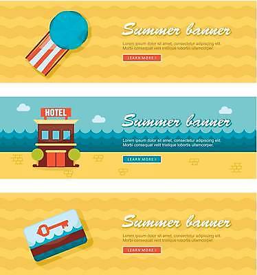 EPS 해외이미지 배너 가로배너 일러스트 호텔 사람없음 여름휴가 바캉스 노란색 파라솔 선베드 카드키 배너세트 해외일러스트 컬러 의자 숙소 열쇠 휴가 가로 세트 파일형식 벡터 여름_계절 이미지허브