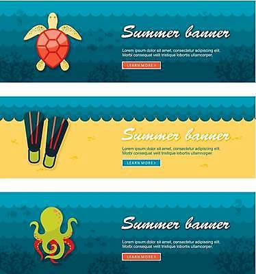 EPS 해외이미지 배너 가로배너 일러스트 해변 사람없음 파란색 노란색 거북이 오리발 문어 바다거북 배너세트 해외일러스트 바다 컬러 파충류 연체동물 가로 세트 수중동물 파일형식 벡터 이미지허브