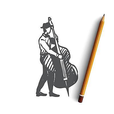 EPS 해외이미지 전신 남자 음악 컨셉 연주 일러스트 한명 서기 들기 성인 음악가 손그림 재즈 콘트라베이스 얼굴없음 성인남자한명만 해외일러스트 직업 1 모션 현악기 문화예술 사람 남자한명만 성인남자만 파일형식 벡터 이미지허브