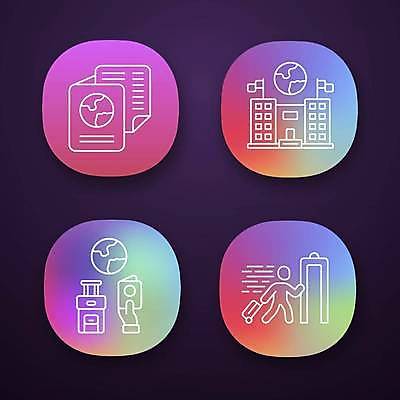 EPS 해외이미지 지구 일러스트 사람모양 사람없음 건물 컬러풀 캐리어 어플리케이션 문서 여권 그라데이션 외교 이민 검색대 해외일러스트 모양 건축물 컬러 이동 여행가방 공항 파일형식 벡터 이미지허브