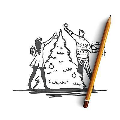 EPS 해외이미지 전신 여자 남자 별 크리스마스장식 크리스마스 일러스트 함께함 들기 성인 두명 장식 크리스마스트리 스케치 손그림 얼굴없음 성인만 해외일러스트 자연요소 기념일 컨셉 모션 미술 사람 파일형식 벡터 이미지허브