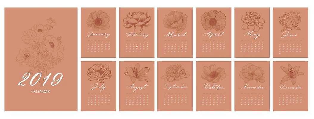 EPS 해외이미지 템플릿 디자인 영어 계절 꽃 벽 일러스트 비즈니스 캘리그라피 새로움 새해 이벤트 그래픽 사무실 숫자 다이어리 달력 일주일 날짜 12월 4월 6월 11월 5월 연도 심볼 사인 심플 손그림 양귀비 일요일 1월 8월 2월 월 작약 레터링 스타일 해외일러스트 식물 문자 컨셉 사무용품 요일 파일형식 벡터 이미지허브