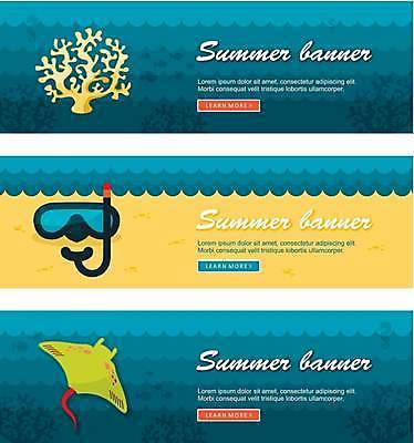 EPS 해외이미지 배너 가로배너 일러스트 해변 사람없음 파란색 노란색 산호초 가오리 잠수경 배너세트 해외일러스트 바다 컬러 어류 가로 세트 수중식물 물안경 파일형식 벡터 이미지허브