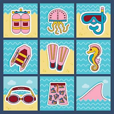 EPS 해외이미지 수영복 바다 일러스트 사람없음 세트 보트 물안경 오리발 지느러미 상어 산소통 해파리 해마 잠수경 래프팅보트 해외일러스트 옷 배_교통 통 어류 바다동물 자포동물 수영용품 파일형식 벡터 이미지허브