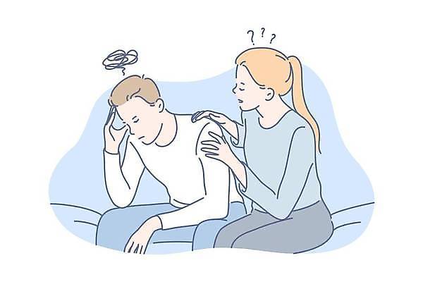 EPS 해외이미지 커플 여자 남자 하늘색 일러스트 가족 함께함 피곤 앉기 상반신 성인 두명 물음표 도움 고민 두통 의문 손짚기 성인만 어깨에손 해외일러스트 기호 감정 컨셉 관계 모션 사람 손짓 파란색 질병 파일형식 벡터 이미지허브