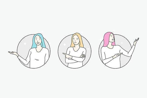 EPS 해외이미지 여자 일러스트 안내 손짓 상반신 성인 세명 가리킴 원형프레임 성인여자만 해외일러스트 모션 프레임 사람 원형 여자만 성인만 파일형식 벡터 이미지허브