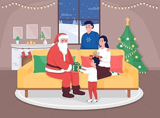 EPS 해외이미지 전신 여자 남자 아들 어린이 쿠션 크리스마스 일러스트 창문 엄마 서기 들기 앉기 소년 여러명 상반신 성인 선물상자 소파 크리스마스트리 산타클로스 아빠 주기 알전구 해외일러스트 기념일 다수 의자 전구 가족 모션 선물 사람 상자 파일형식 벡터 이미지허브