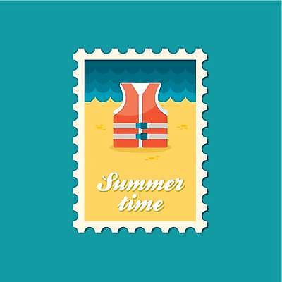 EPS 해외이미지 바다 일러스트 사람없음 파란색 노란색 주황색 구명조끼 우표 해외일러스트 컬러 구조용품 파일형식 벡터 이미지허브