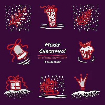 EPS 해외이미지 크리스마스 일러스트 왕관 사람없음 빨간색 선물상자 세트 종 풀잎 컵케이크 심볼 썰매 손그림 징글벨 해외일러스트 기념일 컬러 잎 선물 상자 케이크 풀_식물 파일형식 벡터 이미지허브
