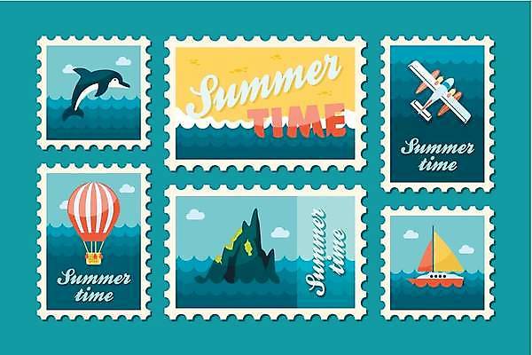 EPS 해외이미지 한마리 바다 섬 요트 일러스트 비행기 해변 사람없음 파란색 세트 노란색 열기구 돌고래 우표 해외일러스트 1 컬러 배_교통 포유류 항공교통 대중교통 수중동물 파일형식 벡터 이미지허브