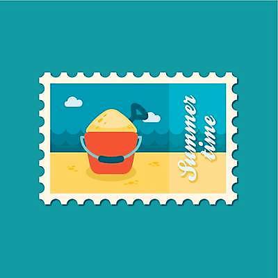 EPS 해외이미지 바다 일러스트 해변 사람없음 파란색 노란색 양동이 모래놀이 우표 모래삽 해외일러스트 모래 컬러 놀이 삽 파일형식 벡터 이미지허브