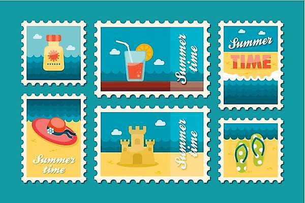 EPS 해외이미지 일러스트 빨대 해변 사람없음 파란색 세트 노란색 칵테일 쪼리 레몬 선크림 모래성 우표 해외일러스트 모래 바다 컬러 과일 주류 화장품 샌들 파일형식 벡터 이미지허브