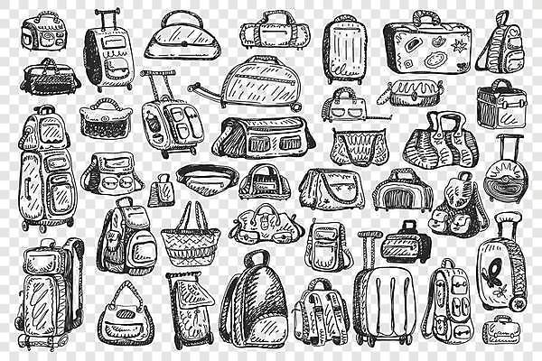 EPS 해외이미지 가방 일러스트 배낭 사람없음 세트 캐리어 여행가방 핸드백 낙서 라인아트 손그림 백팩 디테일 해외일러스트 잡화 선 파일형식 벡터 이미지허브