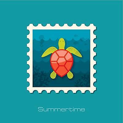 EPS 해외이미지 한마리 바다 일러스트 사람없음 초록색 파란색 우표 바다거북 코랄 해외일러스트 1 컬러 거북이 파일형식 벡터 이미지허브
