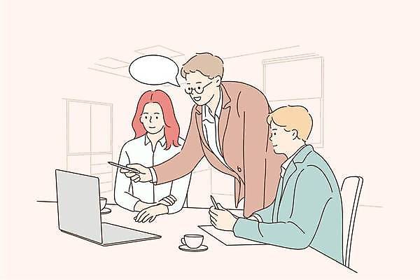 EPS 해외이미지 전신 여자 남자 분홍색 말풍선 의자 일러스트 비즈니스 회의 함께함 들기 앉기 상반신 성인 컵 세명 노트북 펜 비즈니스맨 비즈니스우먼 컵받침 성인만 해외일러스트 식기 컬러 가구 컨셉 모션 사람 전자제품 필기구 직장인 받침대 파일형식 벡터 이미지허브