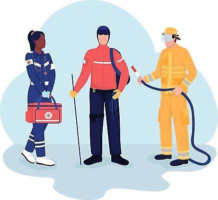 EPS 해외이미지 전신 여자 남자 흑인 하늘색 일러스트 노동자 들기 성인 세명 간호사 의사 소방관 구조원 헬프 성인만 해외일러스트 서양인 직업 모션 사람 파란색 의료진 도움 소방 파일형식 벡터 이미지허브