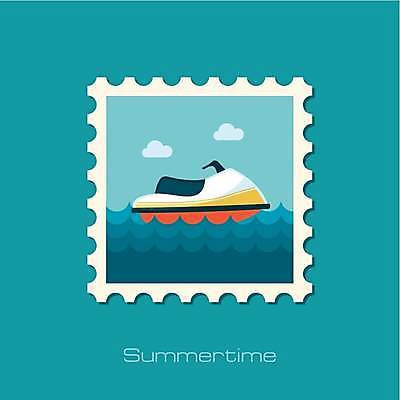 EPS 해외이미지 바다 일러스트 사람없음 파란색 모터보트 우표 해외일러스트 컬러 배_교통 파일형식 벡터 이미지허브