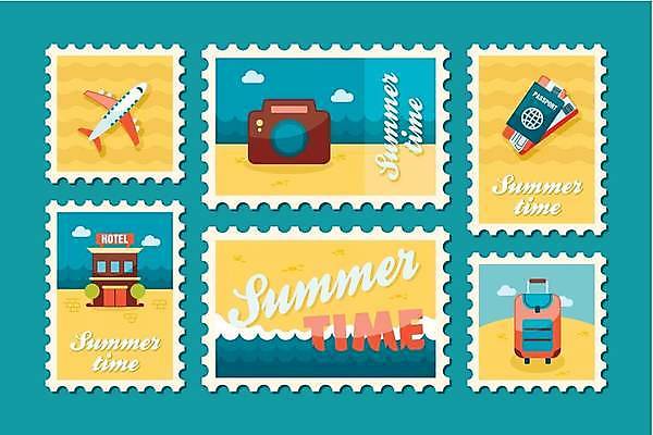 EPS 해외이미지 바다 일러스트 호텔 비행기 해변 사람없음 파란색 여름휴가 바캉스 세트 노란색 카메라 캐리어 항공권 여권 우표 해외일러스트 컬러 항공교통 숙소 휴가 대중교통 전자제품 여행가방 티켓 파일형식 벡터 여름_계절 이미지허브