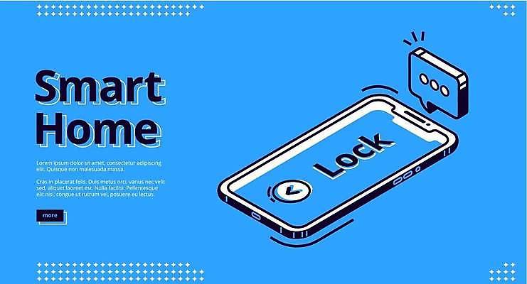 EPS 해외이미지 말풍선 일러스트 사람없음 파란색 스마트폰 3D 스마트 잠금 아이소메트릭 스마트홈 AI_인공지능 해외일러스트 컬러 컨셉 핸드폰 스마트기기 디지털합성 보안 파일형식 벡터 이미지허브