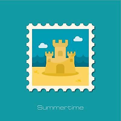 EPS 해외이미지 바다 일러스트 해변 사람없음 파란색 노란색 모래성 우표 해외일러스트 모래 컬러 파일형식 벡터 이미지허브