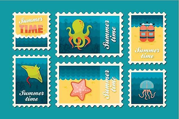 EPS 해외이미지 바다 여러마리 일러스트 불가사리 해변 사람없음 연두색 파란색 세트 노란색 문어 산소통 해파리 가오리 우표 해외일러스트 컬러 다수 극피동물 연체동물 통 어류 초록색 수중동물 자포동물 파일형식 벡터 이미지허브