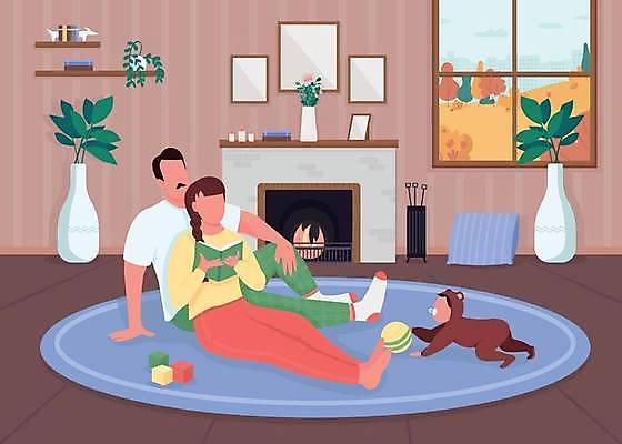 EPS 해외이미지 전신 여자 남자 화분 액자 쿠션 일러스트 공 창문 엄마 선반 들기 앉기 성인 책 세명 장난감 독서 카펫 아기 아빠 벽난로 곰옷 인형옷 얼굴없음 해외일러스트 옷 가구 가족 모션 사람 파일형식 벡터 이미지허브