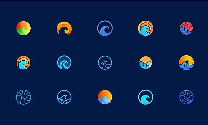 EPS 해외이미지 디자인 파도 일러스트 사람없음 파란색 세트 원형 심볼 라인아트 해외일러스트 도형 선 바다 컬러 파일형식 벡터 이미지허브